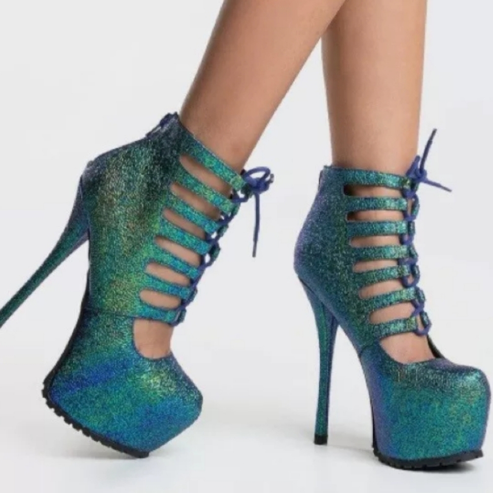 Cupid iridescent blue-green stiletto shoes booti